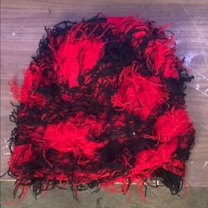 Red and Black Fuzzy Knit Beanie